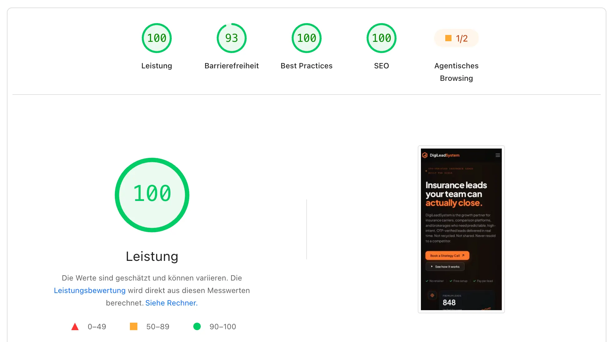 Google PageSpeed Insights Ergebnis für digileadsystem.com: 100 Leistung, 93 Barrierefreiheit, 100 Best Practices, 100 SEO